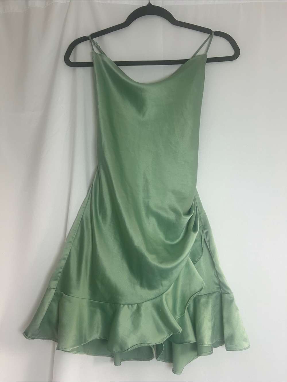 Green Satin Slip Dress/Romper with Ruffle Hem